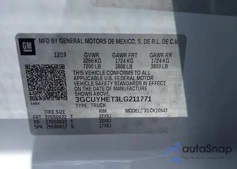 2020 Chevrolet Silverado 1500 4Wd Short Bed High Country z USA, uszkodzony, nr VIN 3GCUYHET3LG211771